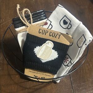 Cozy Winter Gift Set with Wire Basket, Cup Cozy, Kitchen Tea Towel, & Spoon Rest